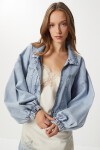 Geniş Cepli Fermuarlı Denim Ceket AÇIK MAVİ LAN0065