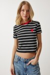 Kalp Nakışlı Çizgili Pamuklu Örme T-Shirt SİYAH LCR0009