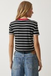 Kalp Nakışlı Çizgili Pamuklu Örme T-Shirt SİYAH LCR0009
