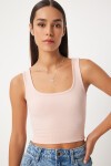Kare Yaka Askılı  Fitilli Crop Bluz AÇIK PUDRA LBF0016