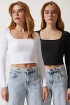 Kare Yaka Fitilli 2li Paket Crop Örme Bluz SİYAH BEYAZ LAN0025
