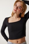 Kare Yaka Fitilli 2li Paket Crop Örme Bluz SİYAH BEYAZ LAN0025