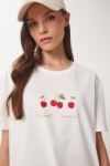 Kiraz Baskılı Pamuklu Örme T-shirt EKRU LAV0007