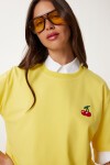 Kiraz Nakışlı Pamuklu Örme T-shirt SARI LAN0033