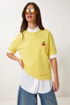 Kiraz Nakışlı Pamuklu Örme T-shirt SARI LAN0033