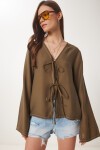 Kontrast Şeritli Bağlamalı Yazlık Bluz HAKİ LBV0060