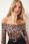 Leopar Desen Madonna Yaka Örme Bluz VİZON SİYAH LAN0016