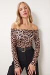 Leopar Desen Madonna Yaka Örme Bluz VİZON SİYAH LAN0016