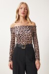 Leopar Desen Madonna Yaka Örme Bluz VİZON SİYAH LAN0016