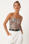 Leopar Desenli İp Askılı Crop Örme Bluz SİYAH BEJ LAN0008