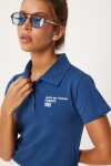 Polo Yaka Baskılı Crop Örme T-shirt LACİVERT LAN0009