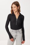 Polo Yaka Fermuarlı Fitilli Örme Bluz SİYAH LBY0019
