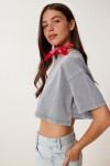 Soluk Efektli Pamuklu Crop Örme T-shirt FÜME LBF0019