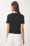 Taşlı Kalp Detaylı Crop Örme T-shirt SİYAH LBV0058