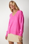 V Yaka Oversize Triko Kazak PEMBE LBV0026