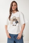 Ayıcık Armalı Pamuklu Oversize Örme T-shirt EKRU LCR0038