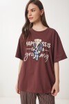 Ayıcık Armalı Pamuklu Oversize Örme T-shirt KAHVERENGİ LCR0035