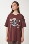 Ayıcık Armalı Pamuklu Oversize Örme T-shirt KAHVERENGİ LCR0035