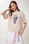 Ayıcık Armalı Pamuklu Oversize Örme T-shirt KREM LCR0035