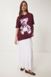 Ayıcık Baskılı Pamuklu Oversize Örme T-shirt BORDO LCR0045