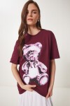 Ayıcık Baskılı Pamuklu Oversize Örme T-shirt BORDO LCR0045