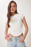 Baskılı Büzgülü Crop Örme T-shirt KEMİK LCR0061