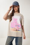 Baskılı Pamuklu Oversize Örme T-shirt KREM LCR0021