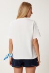 Boncuk Detaylı Baskılı Örme T-shirt EKRU LCR0072