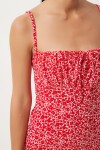 Çiçekli Desenli Yırtmaçlı Yazlık Örme Elbise CANLI KIRMIZI BEYAZ LCI0003