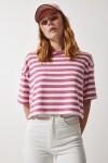 Çizgili Crop Örme T-shirt GÜL KURUSU LCR0002