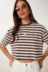 Çizgili Esnek Crop Örme T-shirt KAHVERENGİ KEMİK LCR0082