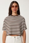 Çizgili Esnek Crop Örme T-shirt KAHVERENGİ KEMİK LCR0082