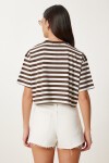 Çizgili Esnek Crop Örme T-shirt KAHVERENGİ KEMİK LCR0082