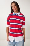 Çizgili Pamuklu Örme T-shirt KIRMIZI LCR0077