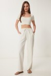 Geniş Paça Çizgili Keten Pantolon KREM LCR0058