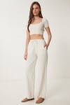 Geniş Paça Çizgili Keten Pantolon KREM LCR0058