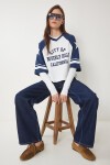 Kolej Baskılı Pamuklu Örme T-shirt LACİVERT BEYAZ LCR0036