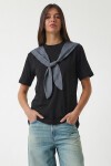 Kontrast Fular Detaylı Örme T-shirt SİYAH LCR0120