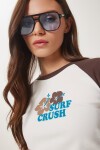 Kontrast Renkli Baskılı Örme T-shirt KAHVERENGİ KEMİK LCR0062