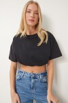 Lastikli Crop Örme T-shirt SİYAH LCR0044