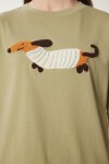 Nakışlı Pamuklu Oversize Örme T-Shirt ZEYTİN YEŞİLİ LCR0031