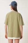 Nakışlı Pamuklu Oversize Örme T-Shirt ZEYTİN YEŞİLİ LCR0031
