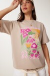 Oversize Baskılı Örme T-shirt BEJ LCR0068