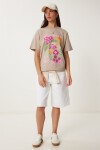 Oversize Baskılı Örme T-shirt BEJ LCR0068