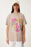 Oversize Baskılı Örme T-shirt BEJ LCR0068