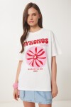 Oversize Baskılı Örme T-shirt EKRU LCR0060