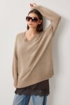 Oversize V Yaka Yumuşak Triko Kazak VİZON LCI0056