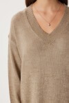 Oversize V Yaka Yumuşak Triko Kazak VİZON LCI0056