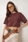 Pamuklu Crop Örme T-Shirt KAHVERENGİ LCR0018