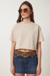 Pamuklu Crop Örme T-Shirt KREM LCR0018